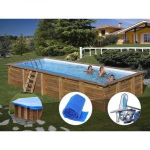 Image de Sunbay Kit piscine bois Braga 8,00 x 4,00 x 1,46 m + B&acirc;che hiver + B&acirc;che &agrave; bulles + Kit d'entretien
