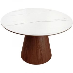 Table de salle à manger LUMEA – Ronde 120 cm – Plateau céramique effet marbre blanc – Ped en bois massif – Style contemporain