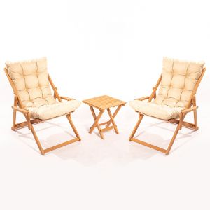 Cotecosy Ensemble 2 chaises de jardin et 1 table basse Purrault Bois massif clair et Tissu Blanc crème - Bois / Blanc