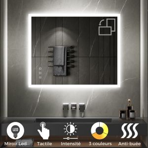 TEMEO Miroir LED lumineux 80 x 100 cm antibuée + intensité 2100 lumens & 3 couleurs salle de bain - SANIVERRE