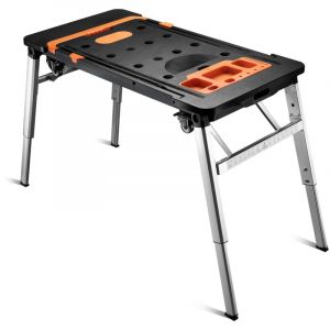 wiltec Tabli d'atelier 108,5x55x52cm Noir et Orange 7 fonctions en 1 Multiusages Banc de travail Siège mécanicien Chariot Tréteau Équipement