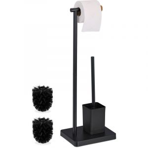 Relaxdays Serviteur WC, HxLxP : 66,5x23x18 cm, Support Papier Toilettes, Brosse et Porte-Brosse, Acier Inoxydable, Noir