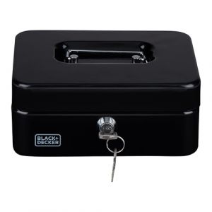 BLACK+DECKER Tirelire avec clé – Tiroir amovible avec 3 compartiments – Avec 2 clés – 20 x 16 x 8,5 cm – Métal – Noir