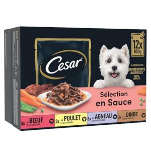 César Repas pour Chien - 48 Sachets Fraîcheur (Lot de 4 Packs 12x100g) - Pâtée pour Chien en Sauce - Boeuf / Poulet / Agneau / Dinde - Nourriture Complète & Equilibrée avec des Ingrédients Naturels