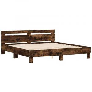 VidaXL Cadre de Lit avec Tête de Lit et LED, Lit Double avec Sommier à Lattes, Lit Adulte de Chambre, Chêne Fumé 200x200 cm Bois d'Ingénierie
