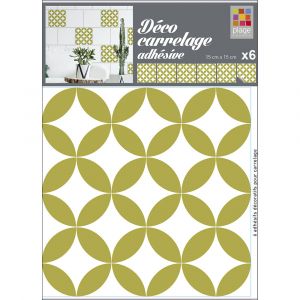 Plage Sticker carrelage adhésif décoratif autocollant, carreaux style céramique, ronds couleur dorée losanges blancs, x6, 15 cm X 15 cm