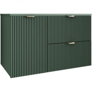 Meuble de salle de bain &agrave; fa&ccedil;ade rainur&eacute;e 100 cm (60+40) avec panier &agrave; linge, vert avec poign&eacute;e dor&eacute;e, 100 &times; 47 &times; 60 cm