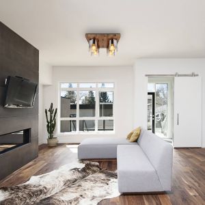 Globo Plafonnier plafonnier lampe de salon aspect bois verre couleur fumée 4 lampes