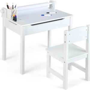 Giantex Bureau en Pin avec Tabouret & Plateau Rabattable & Rouleau de Papier, Blanc