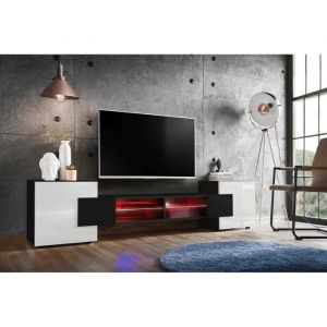 Meuble Banc tv Merano, Black/Black/White, &Eacute;clairage led Multicolore, Largeur 230 cm x Hauteur 52,5 cm x Profondeur 35 cm, sans led, pour Salon,