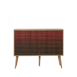 Image de Cotecosy Buffet 3 portes Areva 120x90cm Motif Rayures Bois Naturel et Rouge