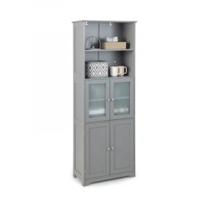 Meuble Haut de Salle de Bain Rangement 6 Niveaux avec 2 Etageres Ouvertes&2 Compartiments Porte en Verre Transparent Gris