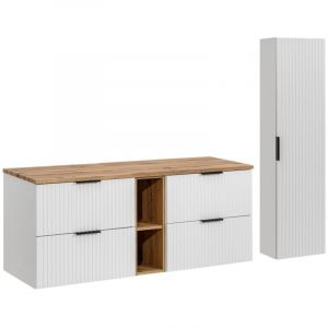 Ensemble de salle de bain NOXERA 140 cm &ndash; Meuble suspendu blanc alpin et ch&ecirc;ne wotan avec double vasque, colonne murale et miroi