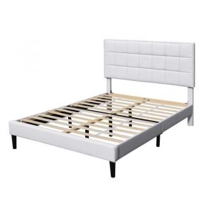 Lit riley pour matelas 140x200 - Sommier + Tête de Lit Capitonnee Couleur blanc + Pieds en 16 cm pour matelas - 2 x 13 Lattes - revetement pvc Simili