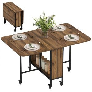 Homcom Table à manger pliante - pour 6 personnes - 6 roulettes - étagère intégrée - panneau de particules - 130x80x74cm - marron