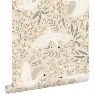 Estahome - papier peint cygnes beige, blanc et vert grisé