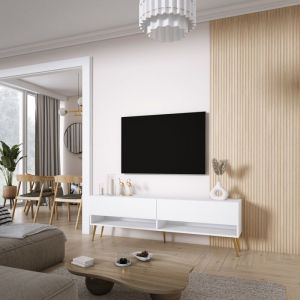 Meuble TV - 170 cm - Blanc Mat - Pieds Inclin&eacute;s Dor&eacute;s - Design Contemporain