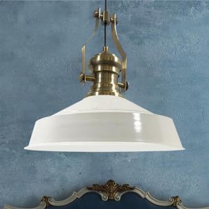 Suspension Industrielle en Métal Blanc Intérieur Blanc Peint à la Main – Lustre Vintage E27 Ø41 cm pour Salon, Chambre ou Salle à Manger