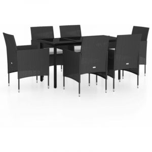VidaXL Ensemble de salle à manger de jardin en rotin noir et verre 7 pièces avec coussins Vida XL