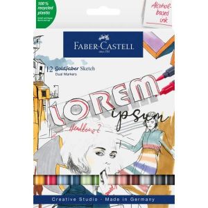 Image de Faber-Castell 164712 - Goldfaber Sketch Marker, étui de 12 marqueurs à alcool avec pointe Brush et pointe Fineliner