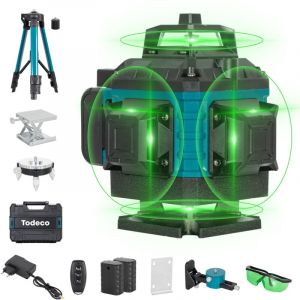 Todeco Niveau Laser 4 x 360° 4D 16 Lignes Auto-Nivelant, Laser Chantier avec 2 x 3000mAh Batterie & Affichage LED, Étanche et Anti-Poussière, Avec Télécommande et Trépied Réglable en Hauteur