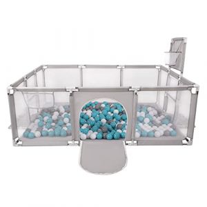 Selonis Parc Bébé avec 200 Balles Plastiques Aire De Jeu Pliable Basket Football, Gris: Gris/Blanc/Transparent/Turquoise