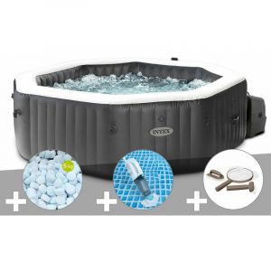 Intex Kit spa gonflable PureSpa Carbone octogonal Bulles et Jets 4 places + 5 kg de sel + Aspirateur + Kit d'entretien