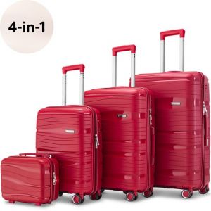Sc SKYCASES Travelin' Charm 4-Piece Trolley Set - Hand Luggage & Check-in Suitcases - 32L/60L/98L - Number Lock - 360° Noiseless Wheels - Lightweight & Sturdy - Modern Design - Rouge