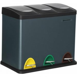 Songmics Poubelle de recyclage, Poubelle à pédales 3-en-1,Poubelle 24 litres en métal,pour cuisine,durable,Gris anthracite LTB24GS