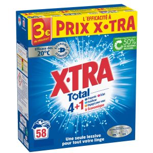 X.Tra X, Tra Total - Lessive Poudre - 4 plus 1 - Propreté - Eclat - Fraîcheur - Engagé pour vous - Economique - Une seule lessive pour tout votre linge - Efficace des 20°C - 58 mesures