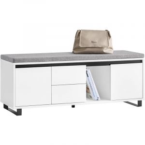 Sobuy FSR176-W Banc de Rangement, Banc à Chaussures, Meuble à Chaussures, Meuble Bas Entrée avec 1 Coussin Rembourré, 2 Tiroirs et 2 Portes pour