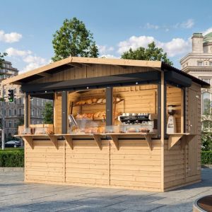 TIMBELA M150BZ Maison de jardin en bois, Étal de marché en bois, Grand stand de vendeur avec comptoir 263 x 336 cm / 6 m²