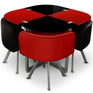 Table Repas Damier avec 4 Chaises Rouge et Noir