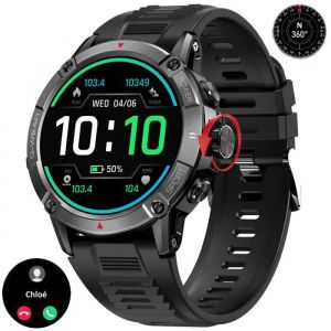 Montre Connectée Sport Ronde 1,54 Couronne Codée avec Micro Hautparleur Boussole Tracker Santé Batterie 400 mAh Protection Court circuit Noir