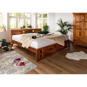 Stucture lit 180x200 - Bois massif d'acacia laqué (Miel) - Style colonial - OXFORD #0253