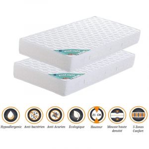 Lot de 2 matelas 80x200 x 21 cm - ferme - aertech+ 35 kg/m3 hr haute densité - hypoallergénique - 5 zones de confort