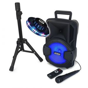 Image de Ibiza Sound Enceinte autonome mobile 8"/20cm à led - 300w - usb/bt/sd avec support trépied + micro + télécommande + jeu ovni rvb