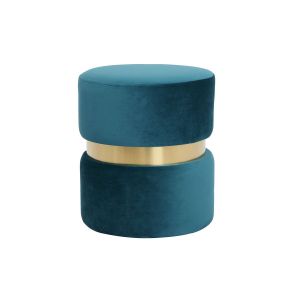 Image de Miliboo Pouf rond en velours bleu canard et métal doré JOY