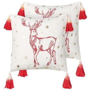 Beliani Lot de 2 coussins d&eacute;coratifs VALLOTA Coton 45 x 45 cm Blanc Motif de No&euml;l