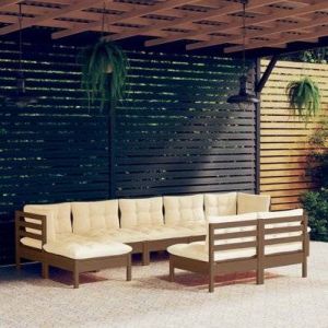 VidaXL Salon de jardin 9 pcs avec coussins Marron miel Bois de pin