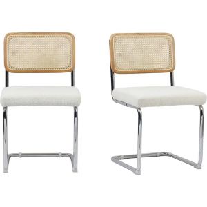 Lot de 2 chaises en cannage, tissu bouclé écru et métal chromé