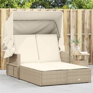 VidaXL Chaise longue double avec auvent et coussins beige poly rotin