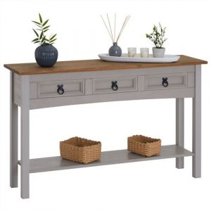 Idimex Table console RAMON table d'appoint rectangulaire en pin massif gris et brun avec 3 tiroirs, meuble d'entrée style mexicain en bois