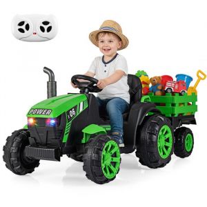 Costway Tracteur Electrique Enfant 24v/9ah - Remorque Amovible Et T&eacute;l&eacute;commande 2.4g, Led, Musique, Port Usb, Pour 3-7 Ans Vert