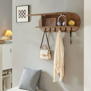 Portemanteau mural Vilk&ouml;n 80x30 cm effet noyer avec &eacute;tag&egrave;re et 6 crochets noirs [en.casa]