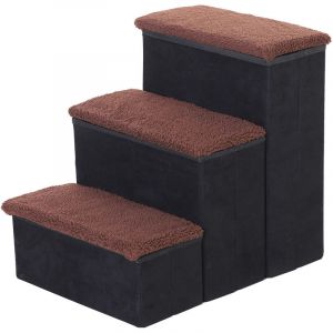 Pawhut Escalier pour Chien Animaux Pliable Rampe 3 marches Polaire Amovible Coffre Interne Rangement dim. 51L x 40l x 50H cm MDF Polaire Marron Noir