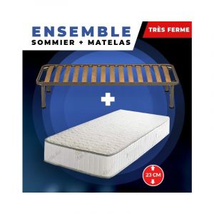 Image de Lot de 2 Matelas 90x200 + Sommiers + pieds + Oreiller Mémoire Offerts Mousse Poli Lattex Indéformable 23 cm Trés Ferme