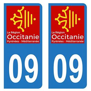 Lot 2 Autocollants Stickers plaque immatriculation voiture auto d&eacute;partement 09 Ari&egrave;ge Logo R&eacute;gion Occitanie