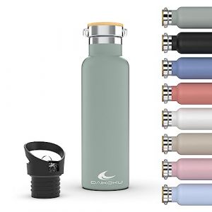 Daikoku Bouteille, Bouteille Thermique en Acier Inoxydable à Double Paroi, Thermos Maintient les Boissons Froides ou Chaudes Pendant des Heures, Deux Bouchons, Vert Pastel, 750 ML