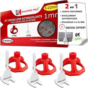 Kit croisillons autonivelants &agrave; visser LEVEL FIT 1 mm &ndash; 300 pcs &ndash; Pose carrelage 2 &agrave; 22 mm &ndash; 200 croisillons + 100 cadrans &ndash; SHAFFER PRO